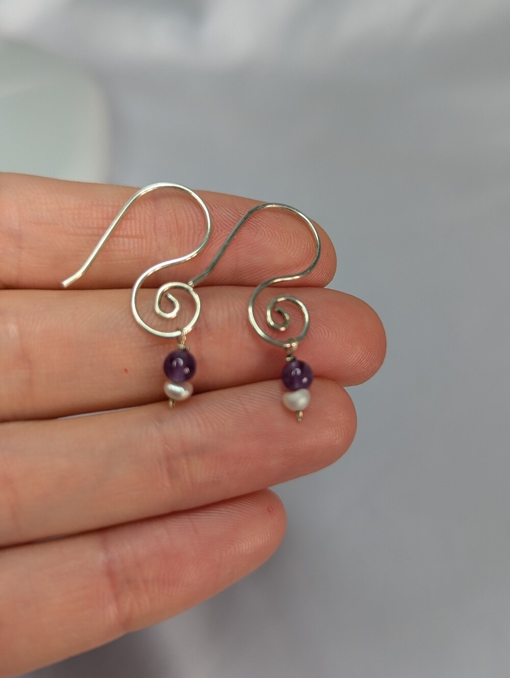 Handmade Sterling Silver Spiral Earrings with Amethyst And Pearl Beads